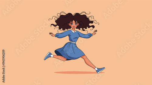 Energetic illustration of a young woman with long curly hair wearing a blue dress running happily against a light orange background.