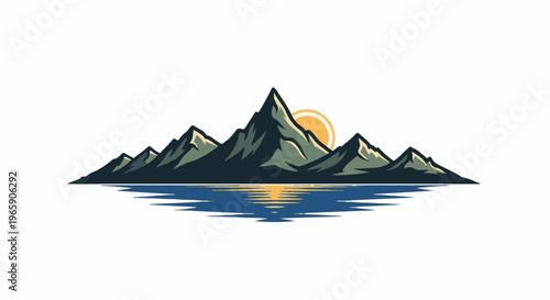 Stylized mountain range reflected in calm water with a setting sun