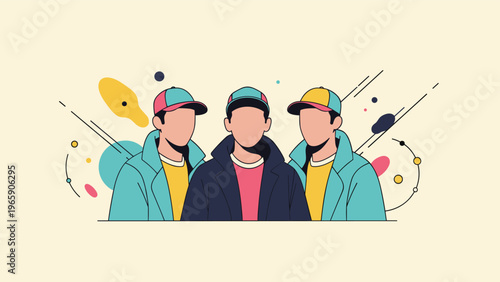 Three men wearing teal jackets and colorful caps standing together against a light background with abstract shapes and lines.