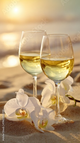 Two glasses of white wine with flowers on sandy beach at sunset