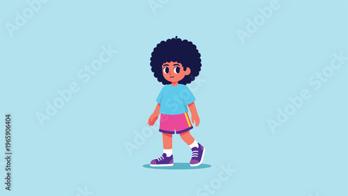 Cute young child with a large dark afro and colorful outfit walks forward with a slight smile on a light blue background.