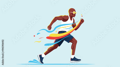 Bald runner wearing sunglasses and a white tank top sprints with colorful dynamic waves trailing behind him on blue.