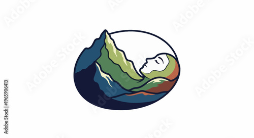 Stylized landscape depicts a serene sleeping face nestled in mountains