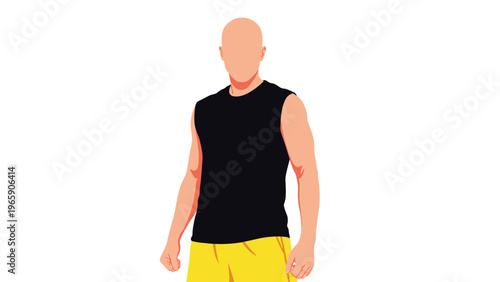 Faceless muscular man in a black sleeveless shirt and yellow shorts stands tall against a plain white background.