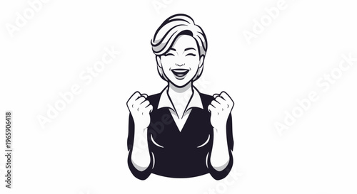 Excited businesswoman with short hair, fists clenched in triumph and joy