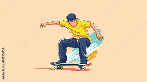 Skateboarder in a yellow t-shirt and blue pants performs a low slide trick on his board against a cream background.