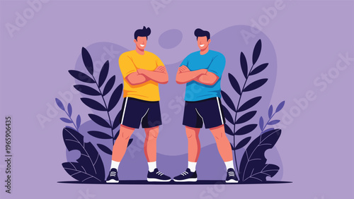 Two identical athletic men in yellow and blue shirts stand with arms crossed against a purple leaf-patterned background.