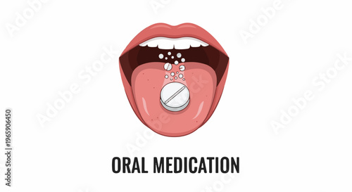Open mouth with tongue holding a pill, bubbles rising from medicine