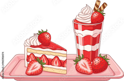 A professional flat vector illustration of a strawberry dessert set featuring a slice of layered cream cake and a parfait smoothie on a pink tray.