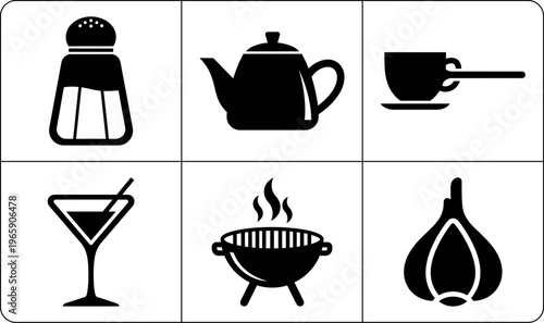 Six black beverage and grill silhouettes with salt shaker teapot coffee cup cocktail glass barbecue and onion on white background