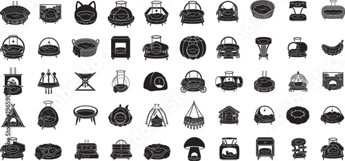 Cat Bed Silhouette Vector Bundle with Pet Cushion and Basket Icons