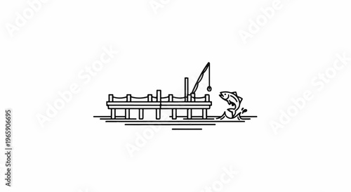Minimalist illustration of a pier with fishing rod and leaping fish