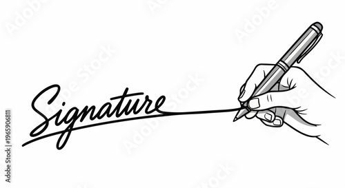 Hand signing the word signature with a pen on a white background