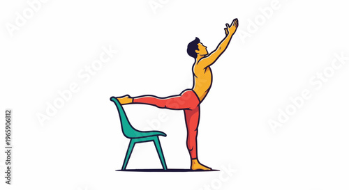 Figure in yoga pose with one leg extended onto a chair