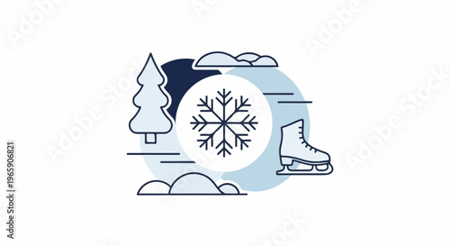 Minimalist winter scene with a snowflake, tree, and ice skate