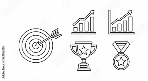 Icons representing success target, bar charts, trophy, and medal
