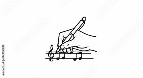 Hand writing musical notes on staff with pen