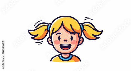 Cheerful cartoon child with blonde pigtails and a wide smile