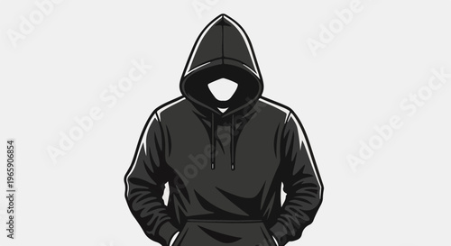 Faceless figure wearing a hooded sweatshirt with hands in pockets