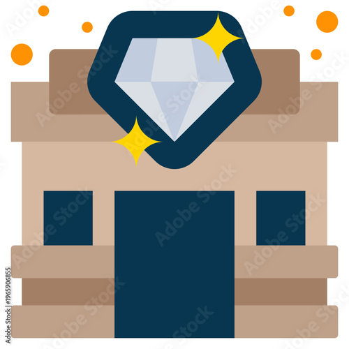 jewelry store icon featuring diamond shop building with window and door in flat design style for commerce