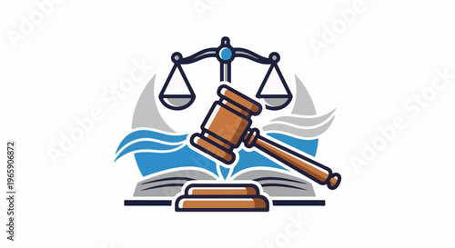 Gavel and scales symbolize justice above an open book and waves