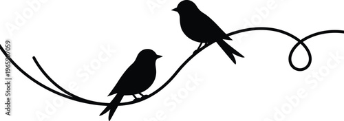 Two birds sitting on a branch continuous line art silhouette, minimalist nature illustration of songbirds, elegant wildlife design element for spring decor