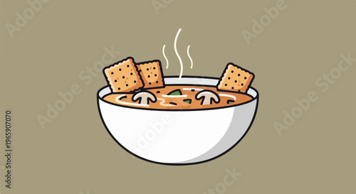 Hot steaming bowl of soup with crackers and mushrooms, simple illustration