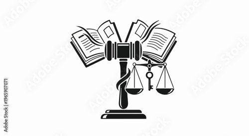 Gavel, scales, key and open books symbolize justice and legal knowledge