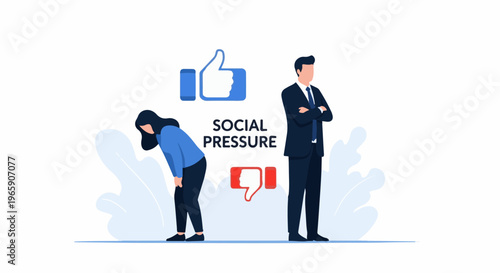 Illustration of a person feeling social pressure, represented by thumbs down, contrasted with a confident figure