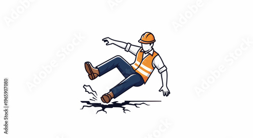 Construction worker falls on cracked ground, wearing safety gear