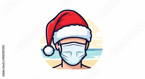 Person with Santa hat and face mask on beach