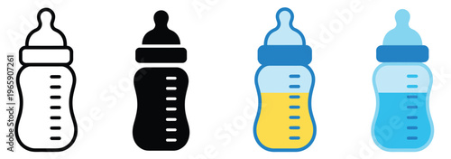 Baby feeding bottle icons, black and white vector illustrations, clean and minimal style isolated on white, perfect for infant nutrition concepts, baby care branding, educational content