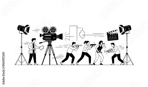 Movie action scene filming with actors and camera crew black and white flat vector cinema production concept