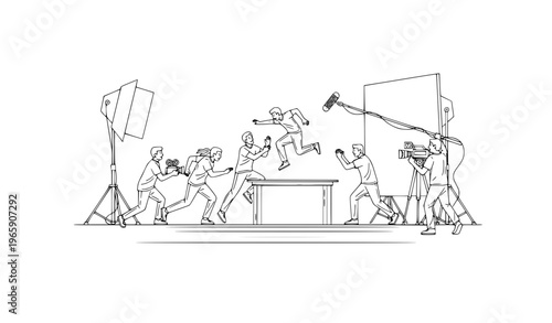 Stunt scene filming with actors and crew black and white line art vector movie production concept