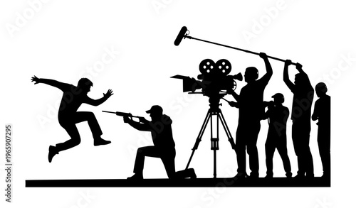 Cinematic action scene with actors and film crew silhouette black and white vector movie concept