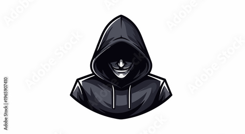 Mysterious masked figure wearing a hooded sweatshirt with a grin