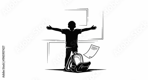 Silhouette of a child with outstretched arms and a backpack