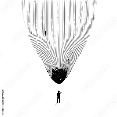 Man looking up at falling black ink droplets person silhouette white background