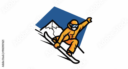 Dynamic skier in orange suit against a mountain backdrop