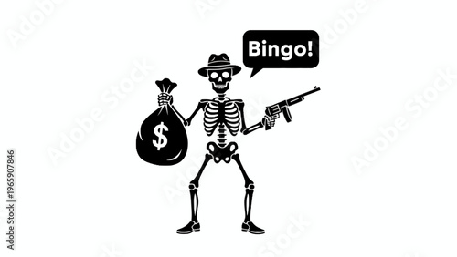Skeleton gangster holding money bag and submachine gun illustration