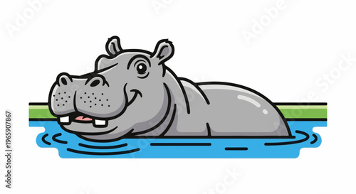 Smiling cartoon hippopotamus partially submerged in blue water with green banks