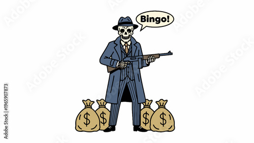 Skeleton Gangster Holding Tommy Gun Over Money Bags
