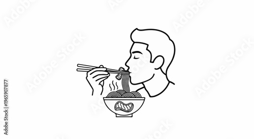 Simple outline drawing of a person eating noodles with chopsticks from a bowl