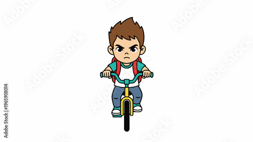 Grumpy Boy Riding Bicycle with Backpack Isolated on White