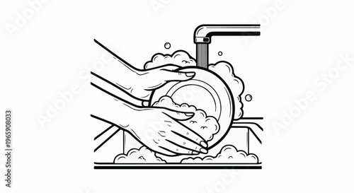 Hands washing a plate under running water with soap bubbles