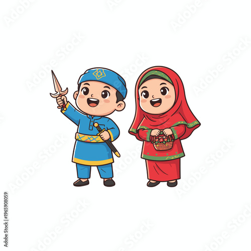 Malay Muslim Children in Traditional Baju Melayu and Baju Kurung