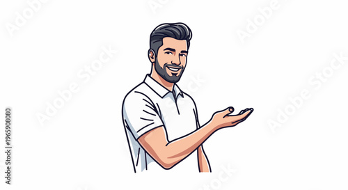 Smiling man in a white polo shirt with one hand extended