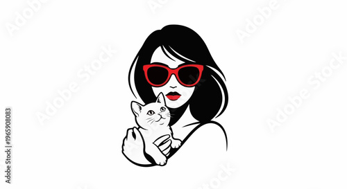 Stylish woman with red sunglasses holds a small white kitten