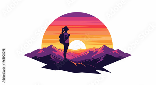 Hiker observing a vibrant sunset over a majestic mountain range