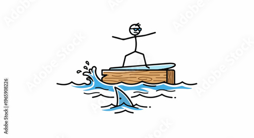 Stick figure surfs on wood, shark fin emerges from blue water